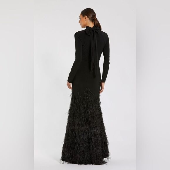 MAC DUGGAL 11839 Black Jersey Long Sleeve High Neck Feather Gown - Picture 8 of 16
